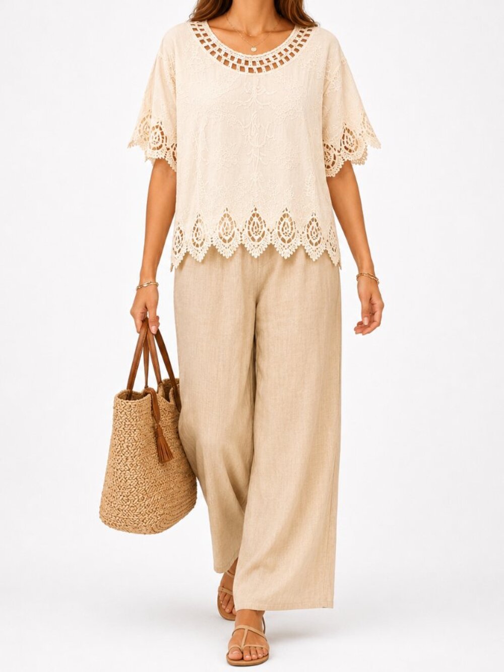Flowy Ivory Lace Crochet Light Summer Boho Resort Wear Neutral Top [size L/XL]